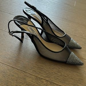Jimmy Choo sling back kitten heels; all stones are intact